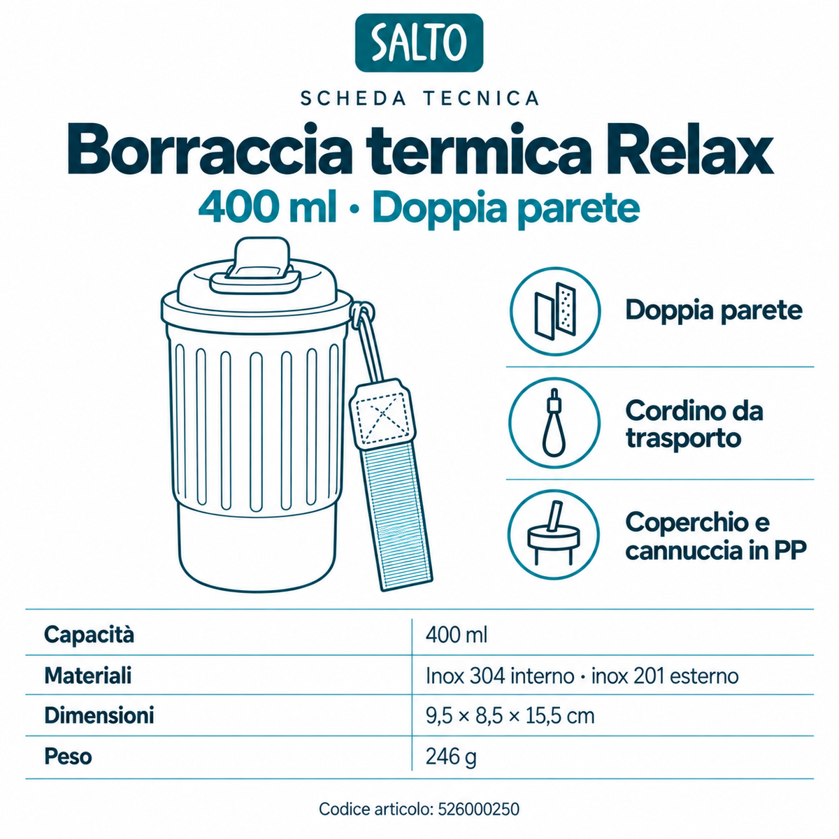 Borraccia termica Relax blu e argento con cordino, 400 ml