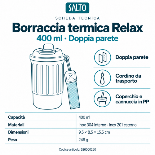 Borraccia termica Relax blu e argento con cordino, 400 ml