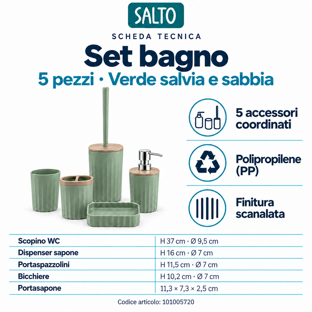 Set bagno verde salvia con dettagli sabbia, 5 pezzi
