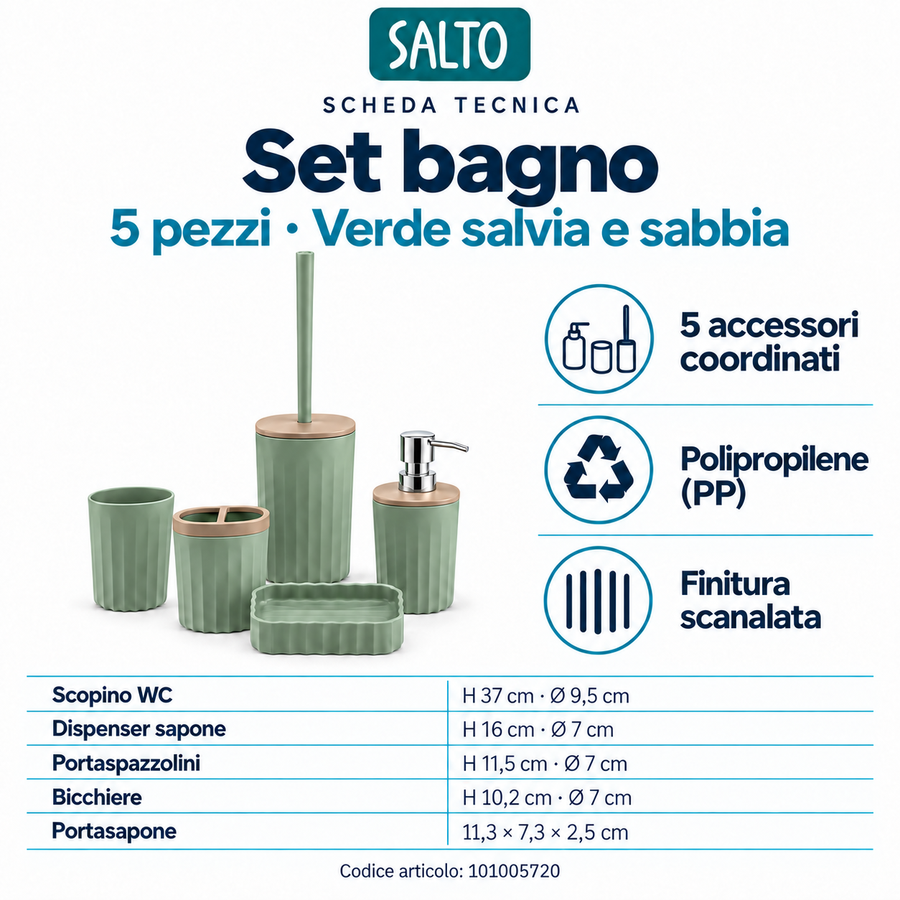 Set bagno verde salvia con dettagli sabbia, 5 pezzi
