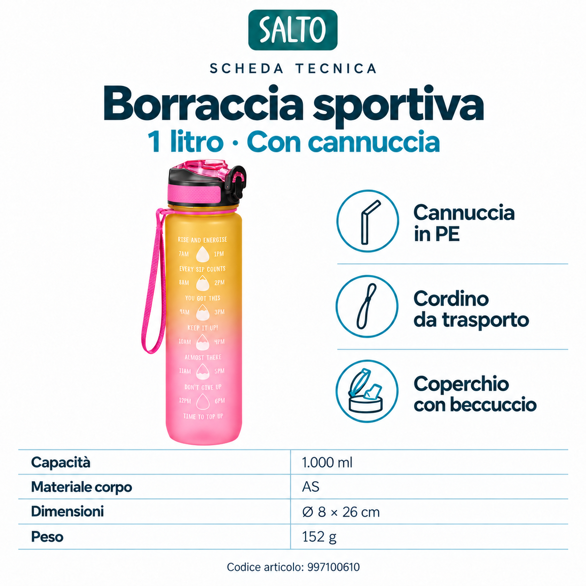 Borraccia sportiva giallo e rosa con cannuccia, 1 litro