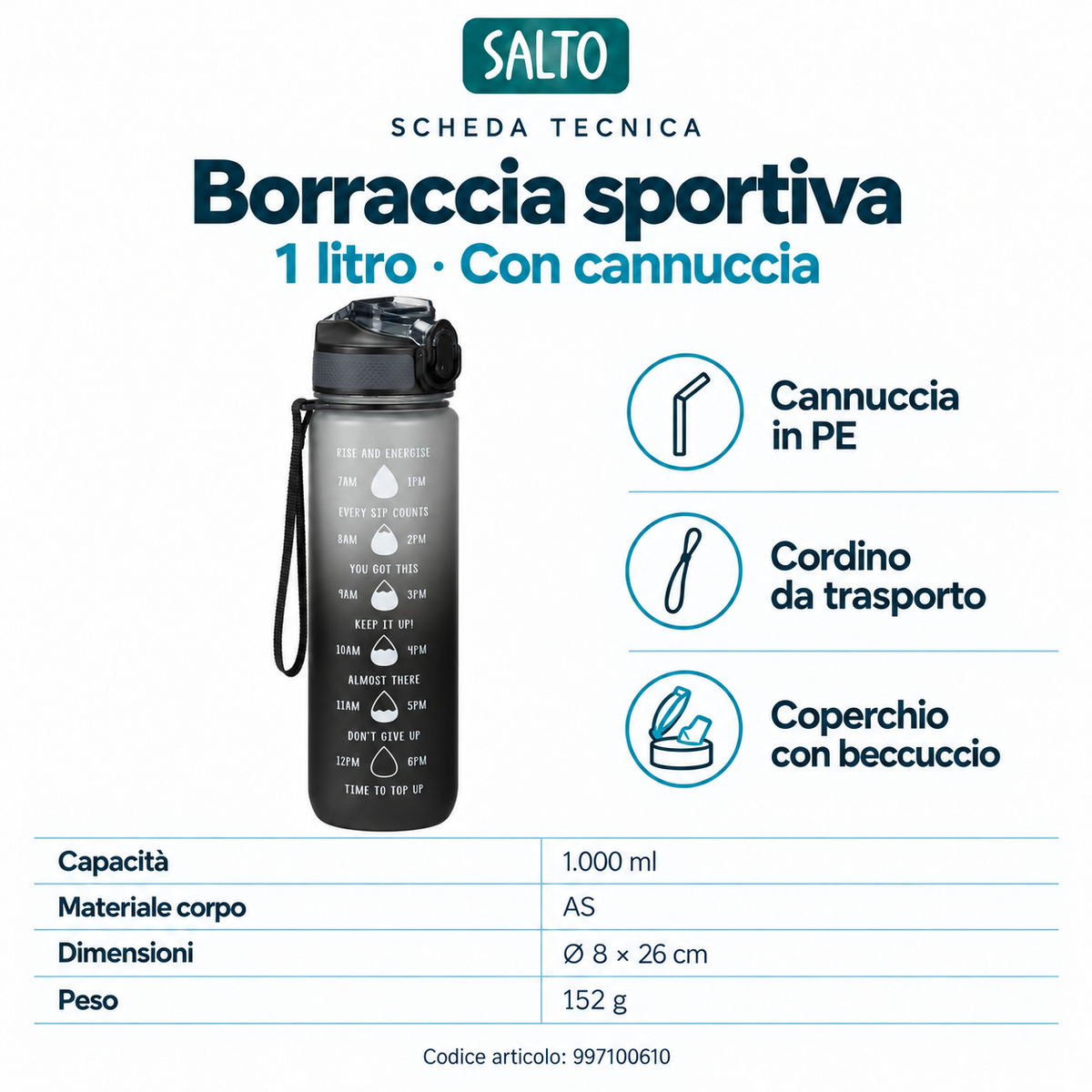 Borraccia sportiva grigio e nero con cannuccia, 1 litro