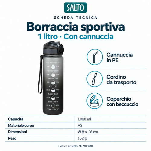Borraccia sportiva grigio e nero con cannuccia, 1 litro