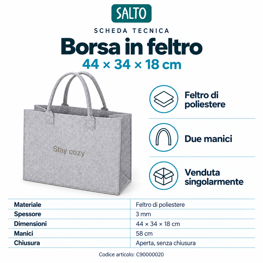 Borsa in feltro grigio mélange Stay cozy, 44 × 34 × 18 cm