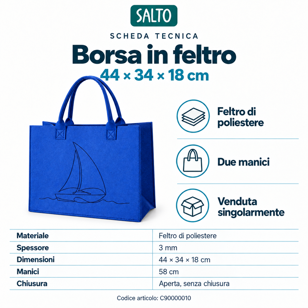 Borsa in feltro blu con barca, 44 × 34 × 18 cm