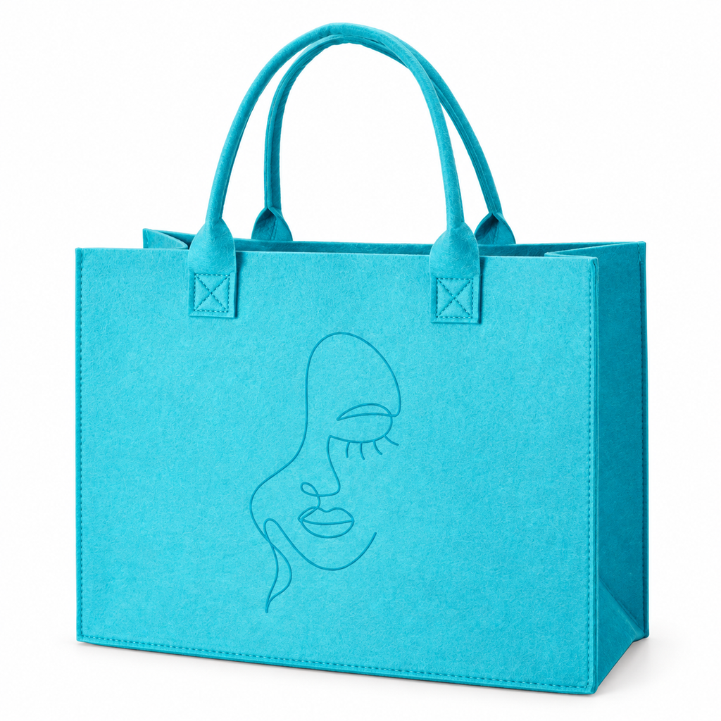 Turquoise felt bag with face, 44 × 34 × 18 cm