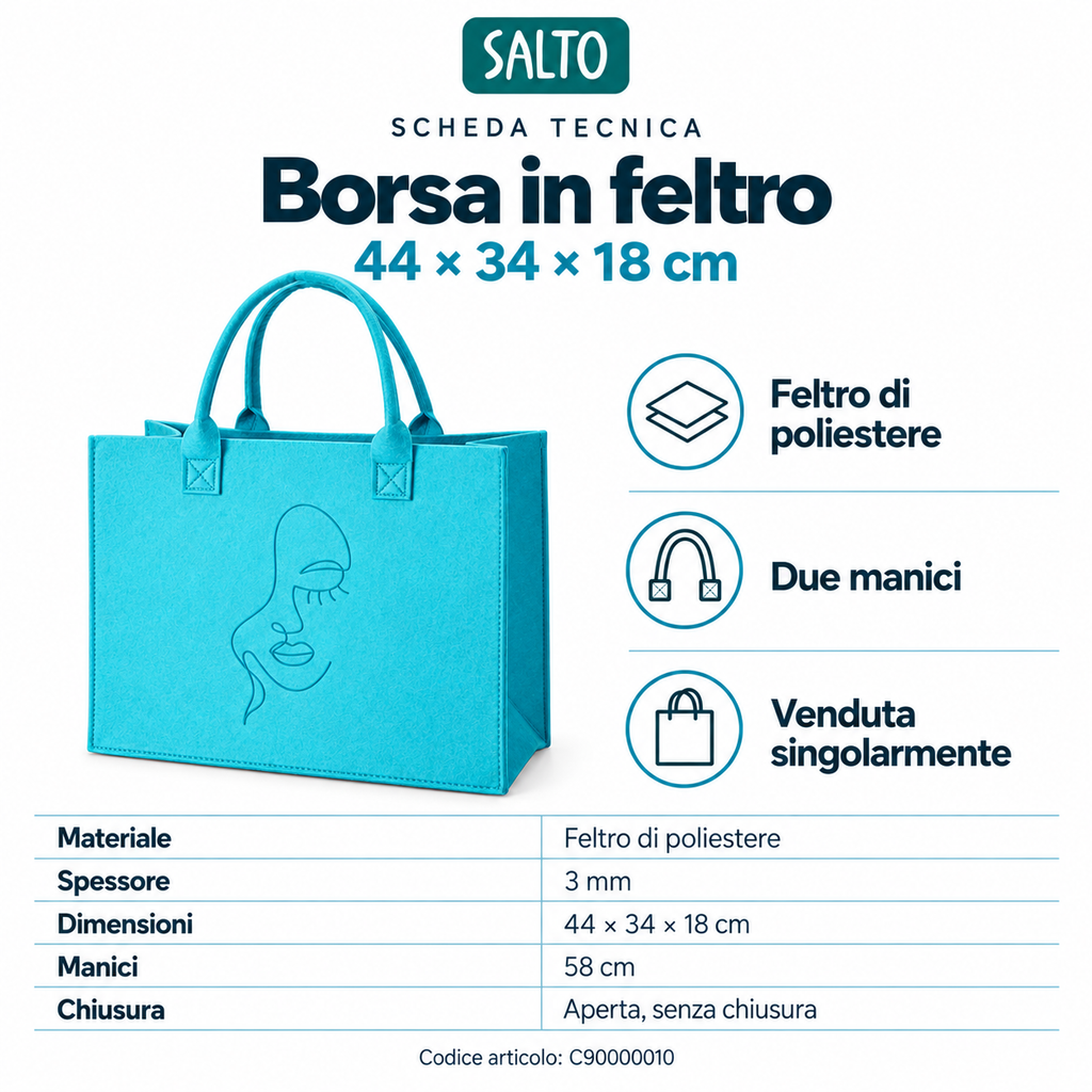 Turquoise felt bag with face, 44 × 34 × 18 cm