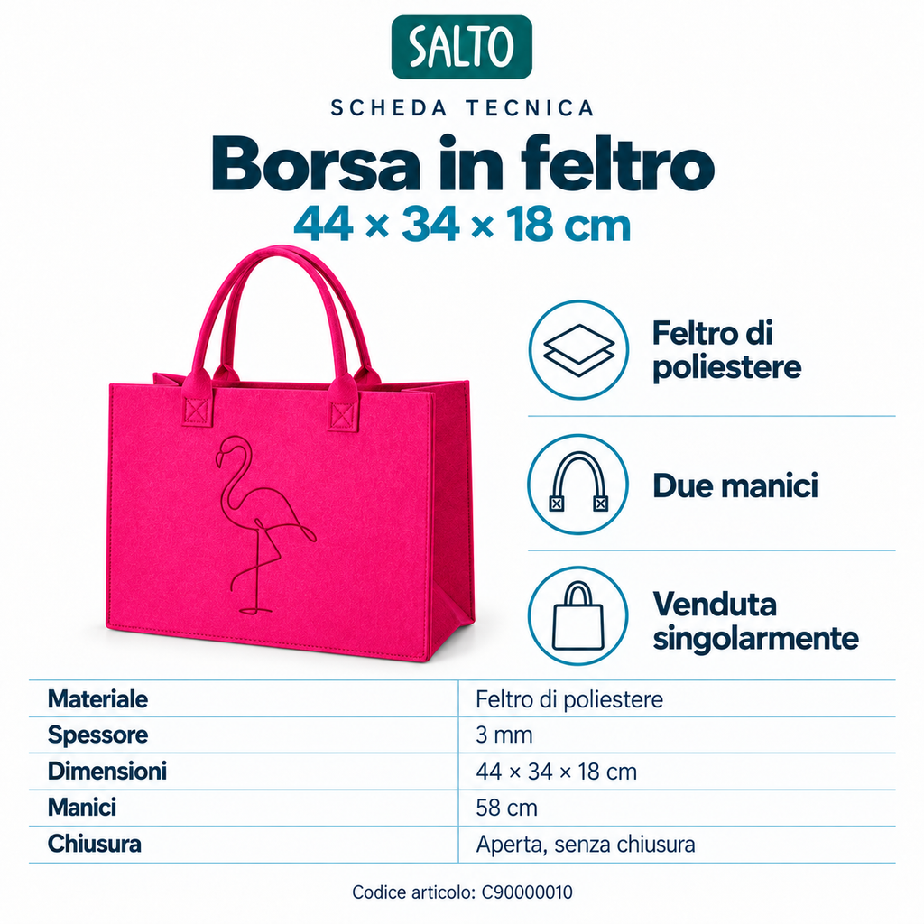 Borsa in feltro rosa con fenicottero, 44 × 34 × 18 cm