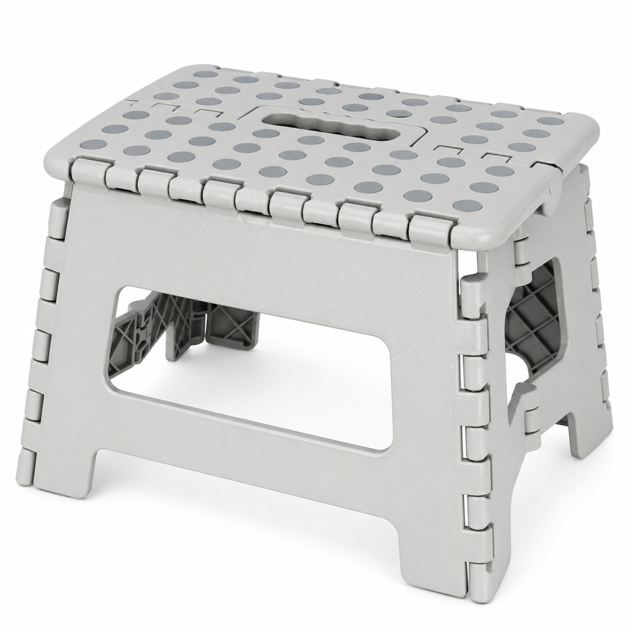 Grey folding stool, height 22 cm
