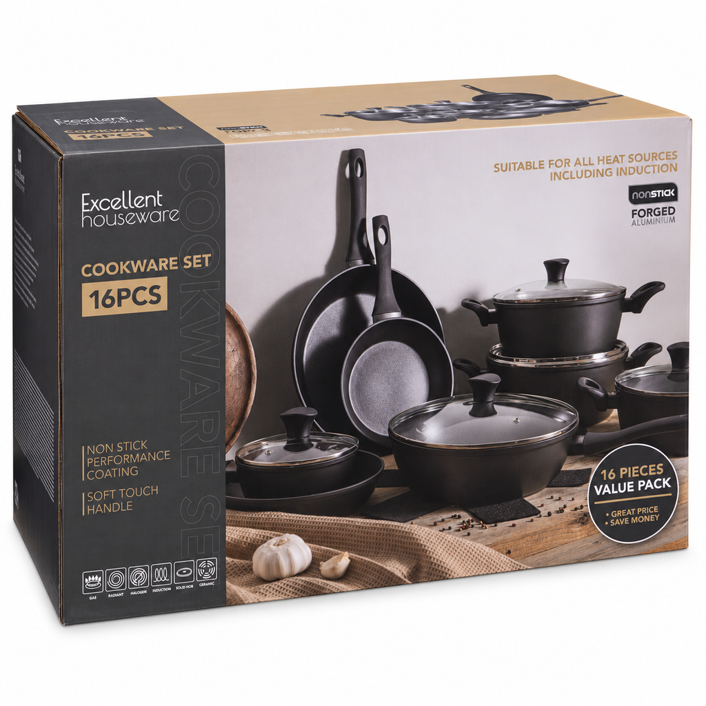 Set pentole e padelle antiaderenti in alluminio forgiato, 16 pezzi