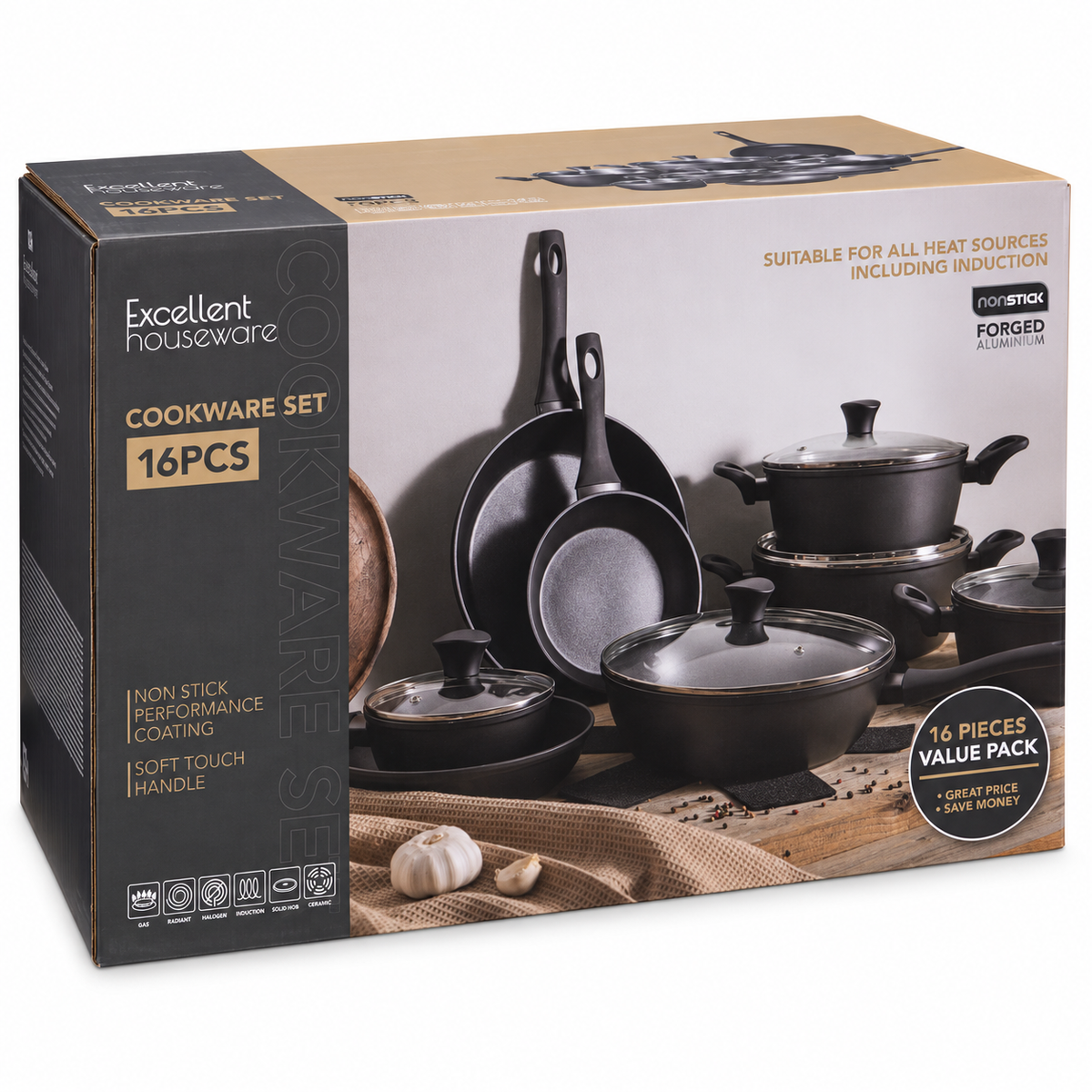 Set pentole e padelle antiaderenti in alluminio forgiato, 16 pezzi