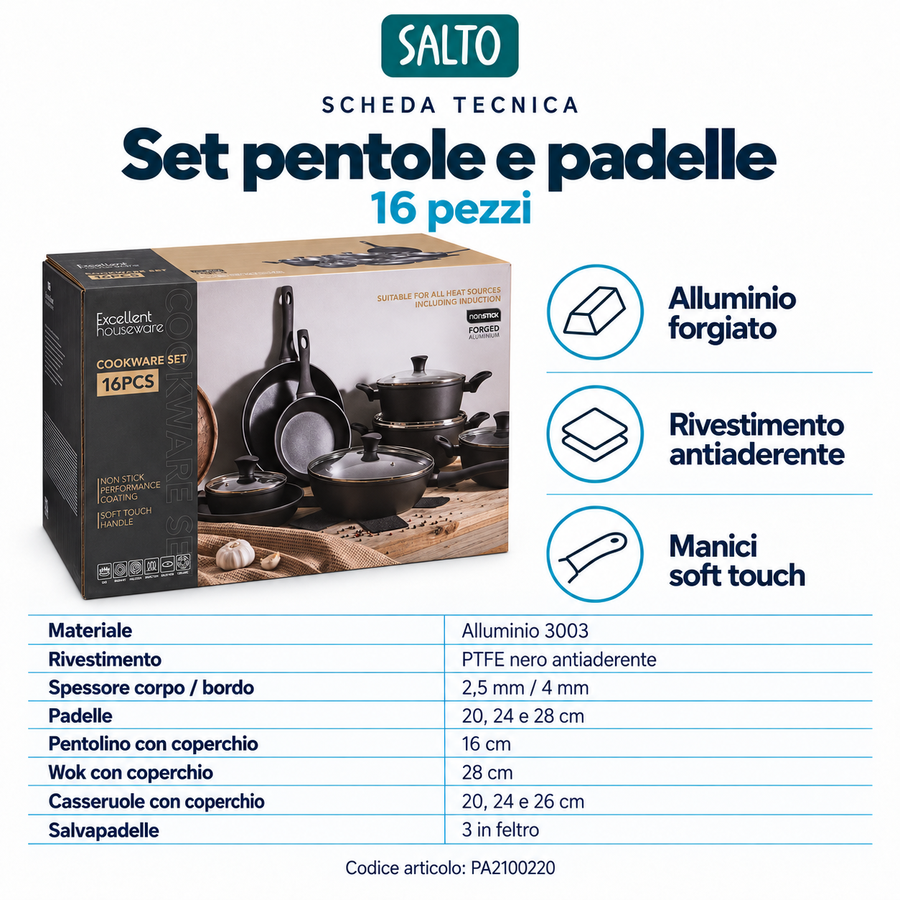 Set pentole e padelle antiaderenti in alluminio forgiato, 16 pezzi