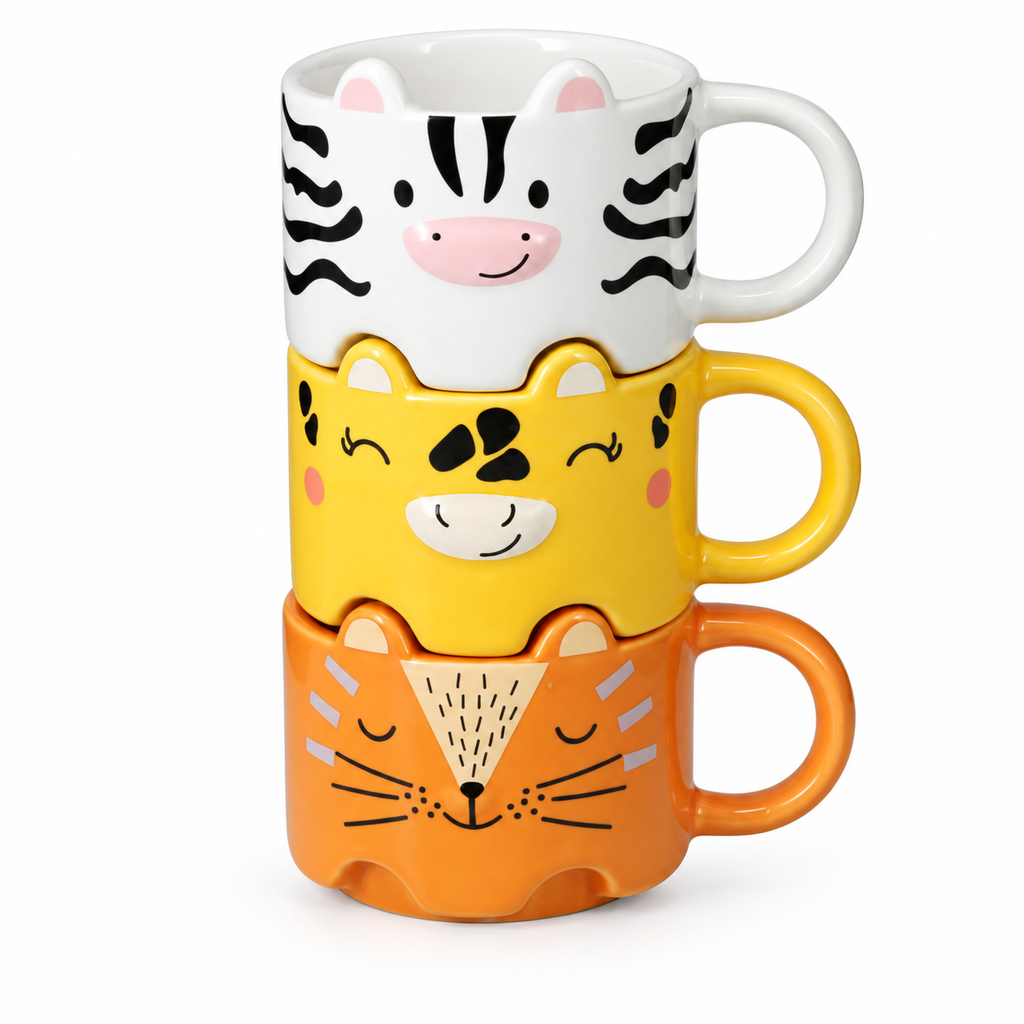 Set 3 tazze animali impilabili Zebra, Giraffa e Leopardo, 300 ml