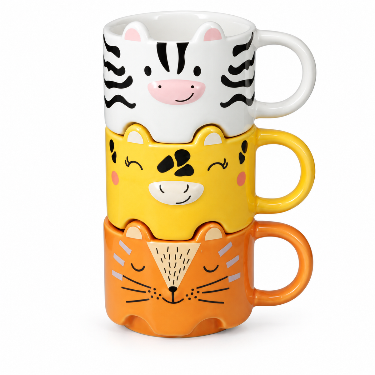 Set of 3 stackable animal cups: Zebra, Giraffe, and Leopard, 300 ml
