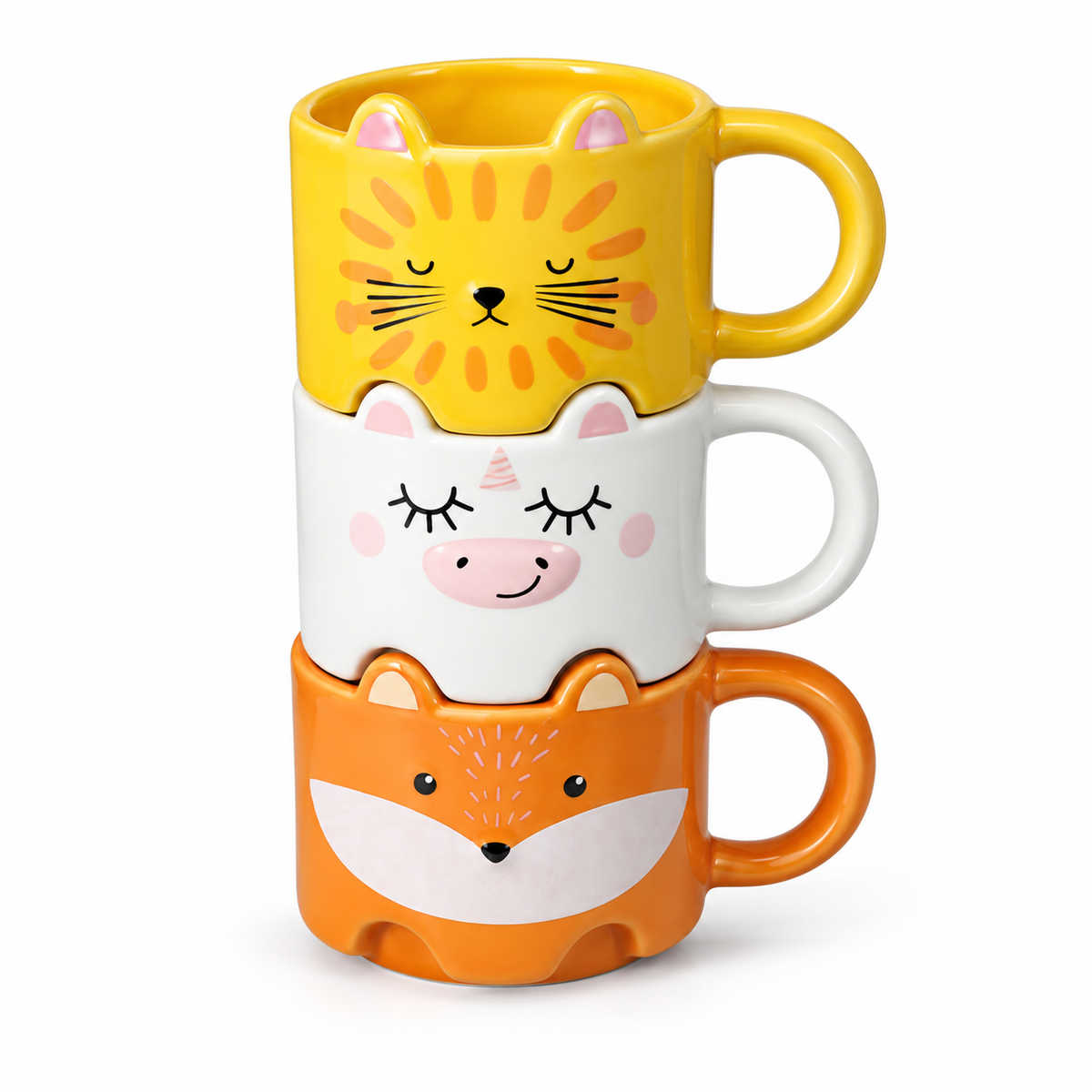 Set of 3 stackable animal cups Lion, Unicorn and Fox, 300 ml