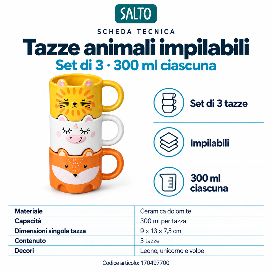 Set of 3 stackable animal cups Lion, Unicorn and Fox, 300 ml