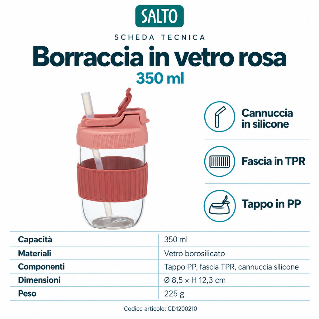 Borraccia in vetro rosa, 350 ml