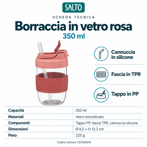 Borraccia in vetro rosa, 350 ml