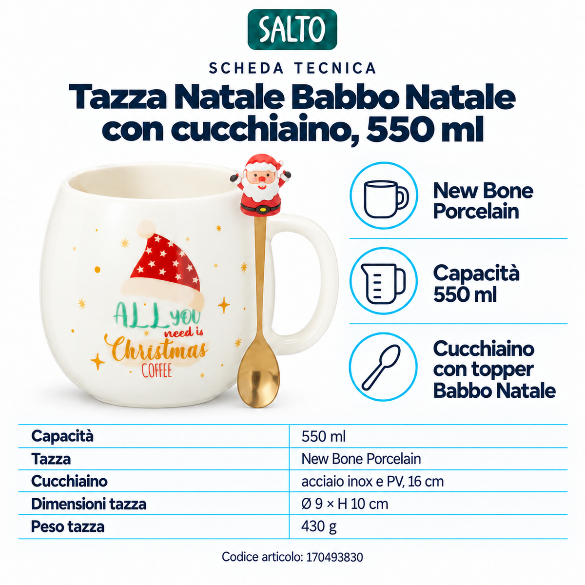 Tazza Natale Babbo Natale con cucchiaino, 550 ml