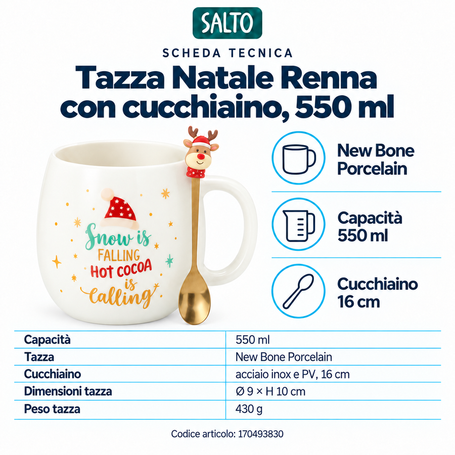 Tazza Natale Renna con cucchiaino, 550 ml