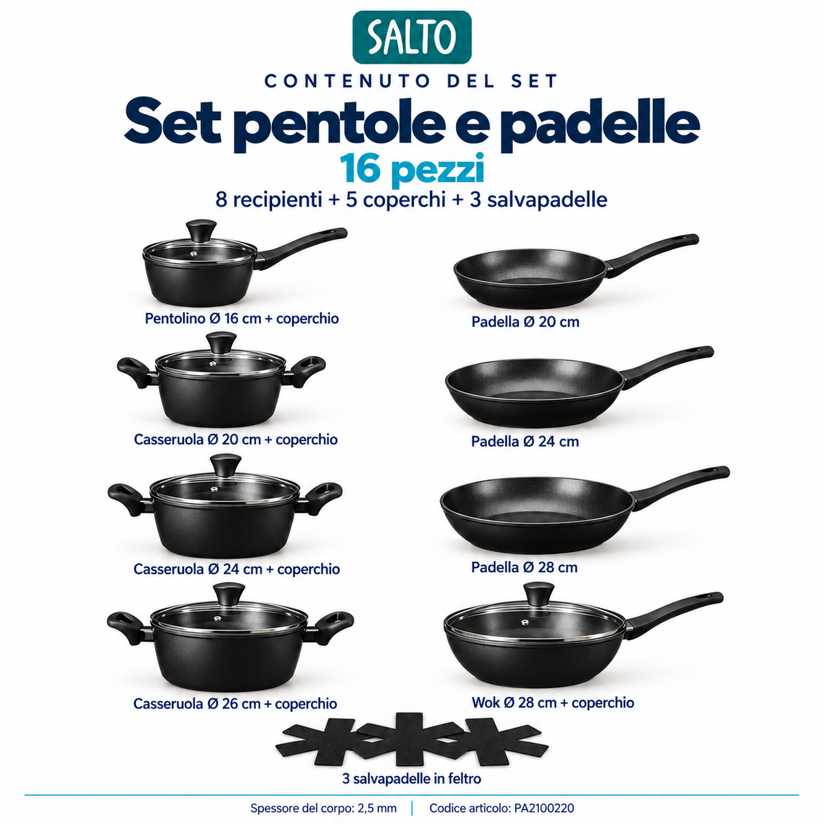 Set pentole e padelle antiaderenti in alluminio forgiato, 16 pezzi