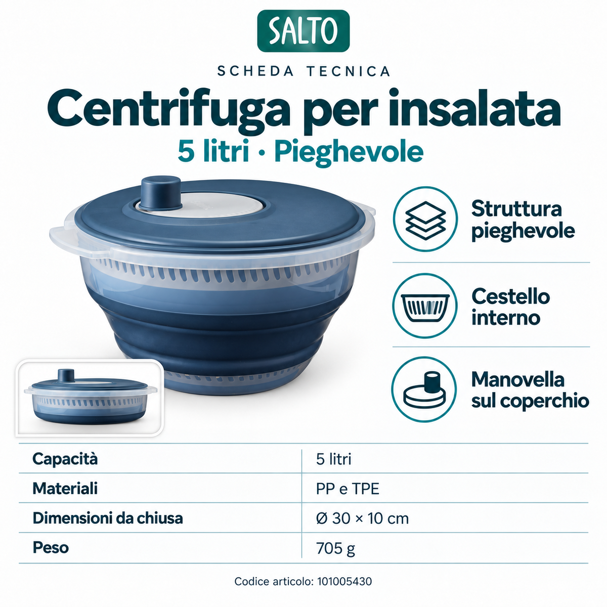 Kit Insalata pronta · Centrifuga pieghevole e mandolina con accessori